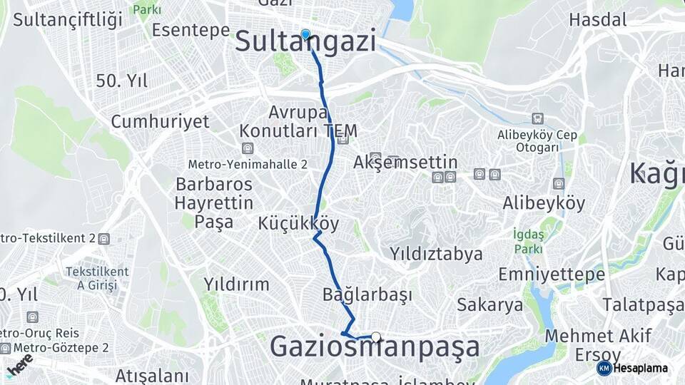 İstanbul Sultangazi Gaziosmanpaşa Arası Kaç Km - Yol Haritası