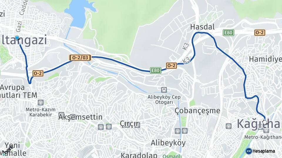 İstanbul Sultangazi Kağıthane Arası Kaç Km - Yol Haritası