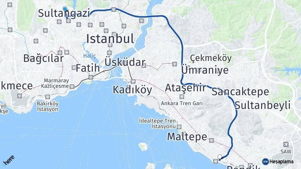 İstanbul Sultangazi Kartal Arası Kaç Km - Yol Haritası