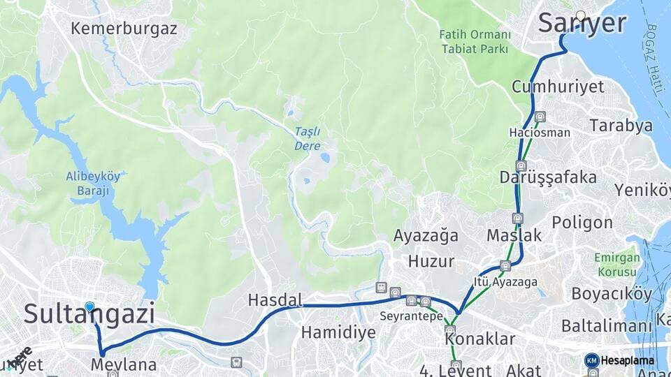 İstanbul Sultangazi Sarıyer Arası Kaç Km - Yol Haritası