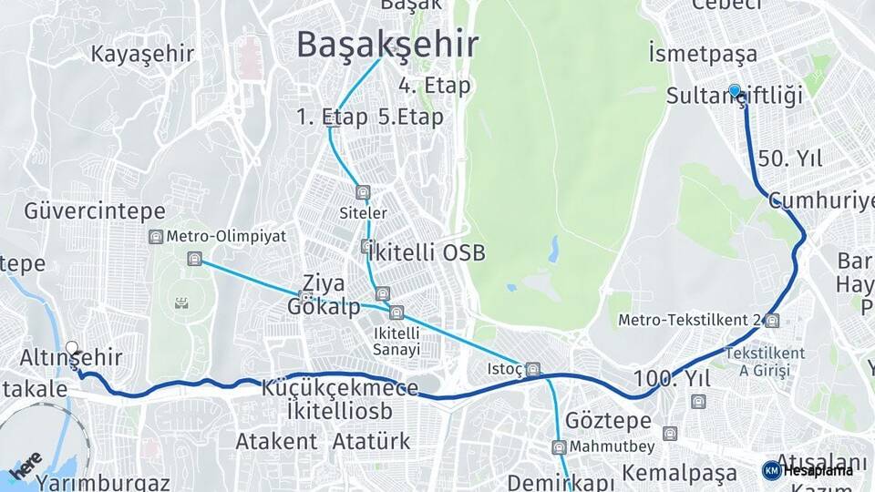 İstanbul Sultangazi Sultançiftliği Altınşehir Başakşehir Arası Kaç Km - Yol Haritası