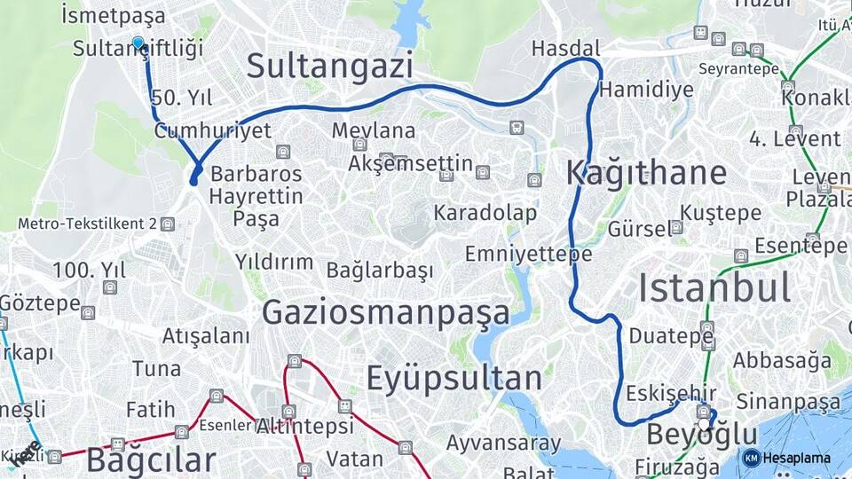 İstanbul Sultangazi Sultançiftliği Beyoğlu Arası Kaç Km - Yol Haritası