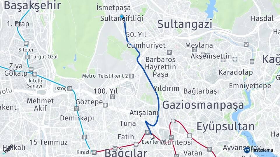 İstanbul Sultangazi Sultançiftliği Esenler Arası Kaç Km - Yol Haritası