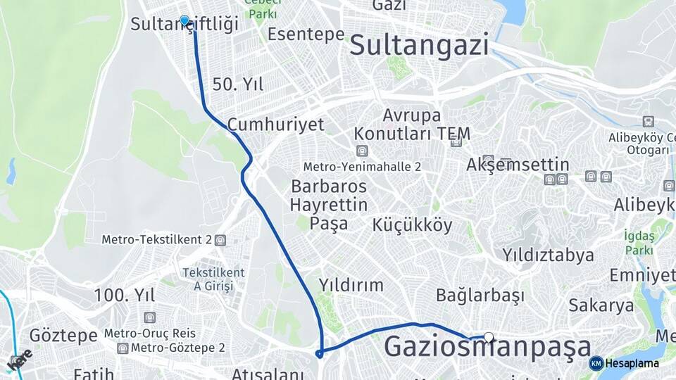 İstanbul Sultangazi Sultançiftliği Gaziosmanpaşa Arası Kaç Km - Yol Haritası