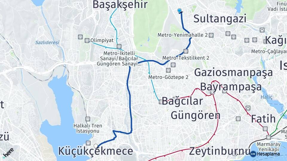 İstanbul Sultangazi Sultançiftliği Küçükçekmece Arası Kaç Km - Yol Haritası