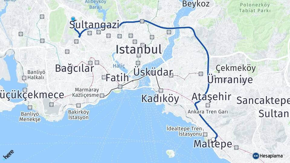İstanbul Sultangazi Sultançiftliği Maltepe Arası Kaç Km - Yol Haritası