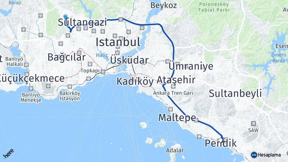 İstanbul Sultangazi Sultançiftliği Pendik Arası Kaç Km - Yol Haritası