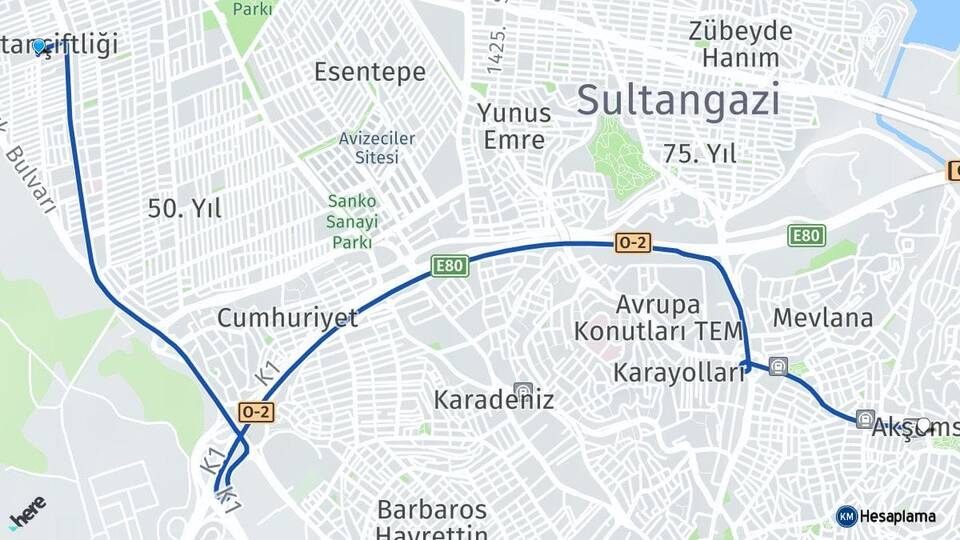 İstanbul Sultangazi Sultançiftliği Yeşilpınar Eyüpsultan Arası Kaç Km - Yol Haritası
