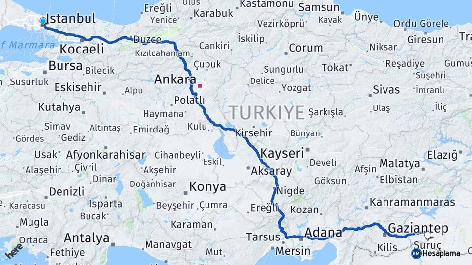 İstanbul Suruç Şanlıurfa Arası Kaç Km - Yol Haritası