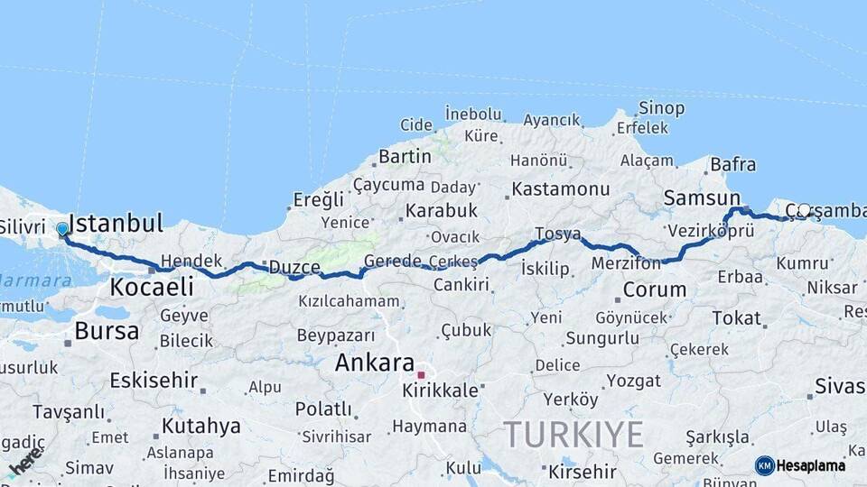İstanbul Terme Samsun Arası Kaç Km - Yol Haritası