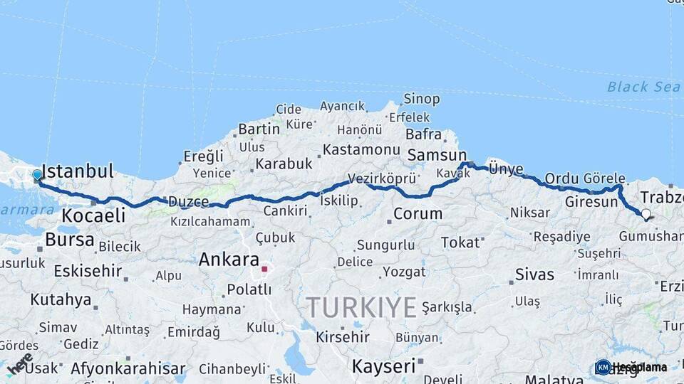İstanbul Torul Gümüşhane Arası Kaç Km - Yol Haritası