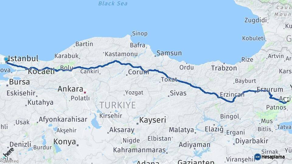 İstanbul Tutak Ağrı Arası Kaç Km - Yol Haritası