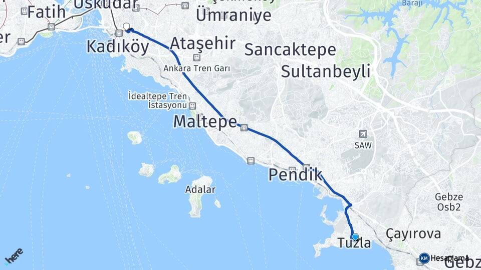 İstanbul Tuzla Acıbadem Kadıköy Arası Kaç Km - Yol Haritası