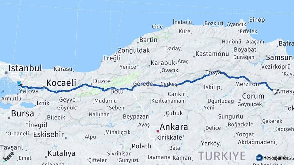 İstanbul Tuzla Amasya Arası Kaç Km - Yol Haritası