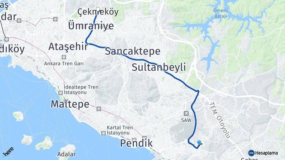 İstanbul Tuzla Aydınlı Çekmeköy Arası Kaç Km - Yol Haritası