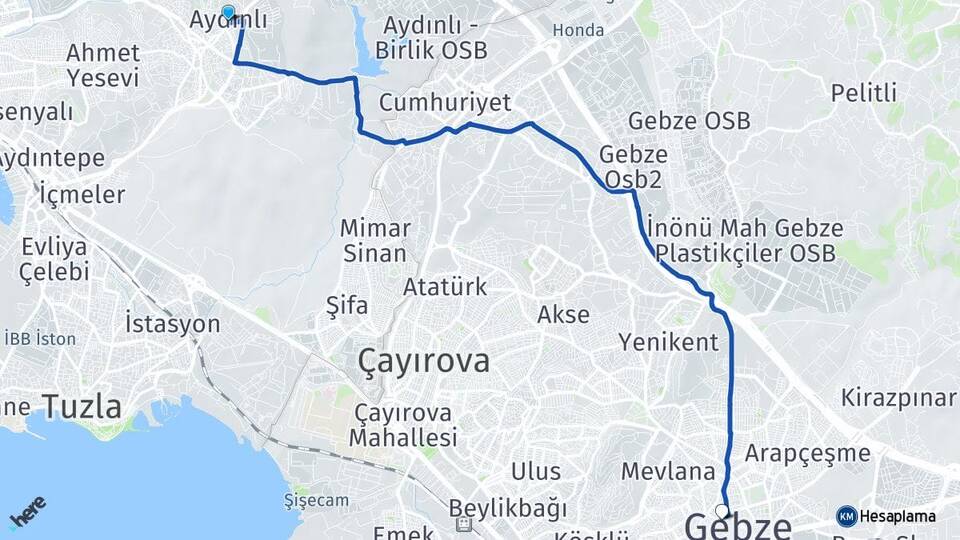 İstanbul Tuzla Aydınlı Gebze Kocaeli Arası Kaç Km - Yol Haritası