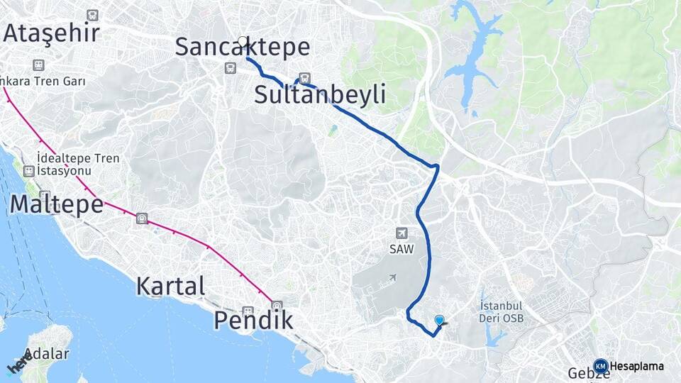 İstanbul Tuzla Aydınlı Sancaktepe Arası Kaç Km - Yol Haritası