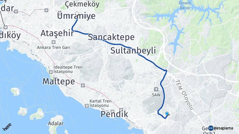 İstanbul Tuzla Aydınlı Ümraniye Arası Kaç Km - Yol Haritası