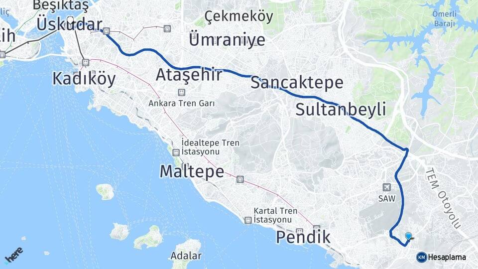 İstanbul Tuzla Aydınlı Üsküdar Arası Kaç Km - Yol Haritası