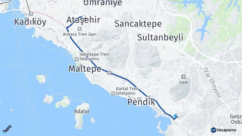 İstanbul Tuzla Aydıntepe Ataşehir Arası Kaç Km - Yol Haritası