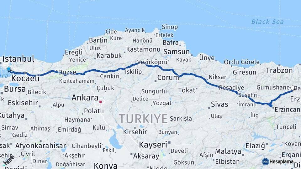 İstanbul Tuzla Bayburt Arası Kaç Km - Yol Haritası