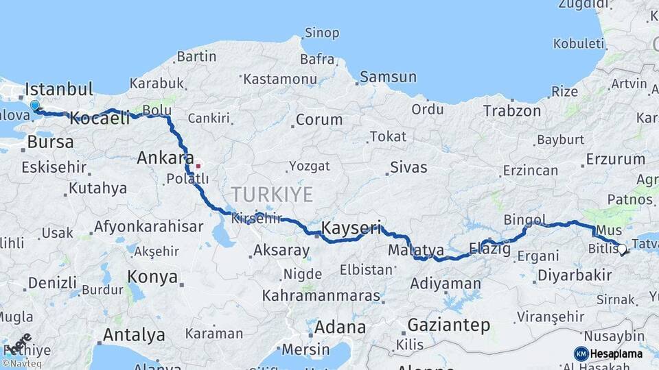 İstanbul Tuzla Bitlis Arası Kaç Km - Yol Haritası