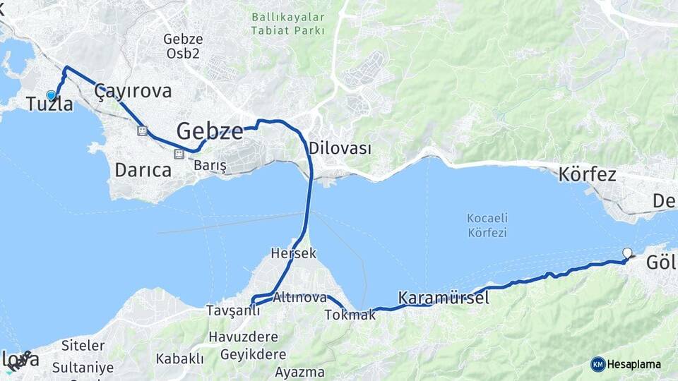 İstanbul Tuzla Değirmendere Yalı Gölcük Kocaeli Arası Kaç Km - Yol Haritası