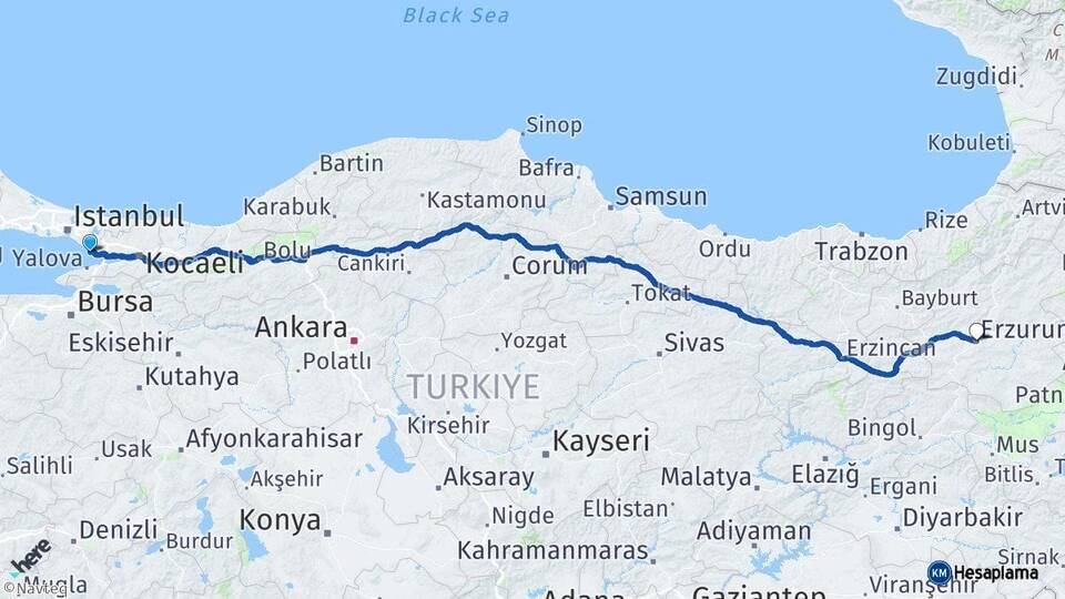 İstanbul Tuzla Erzurum Arası Kaç Km - Yol Haritası