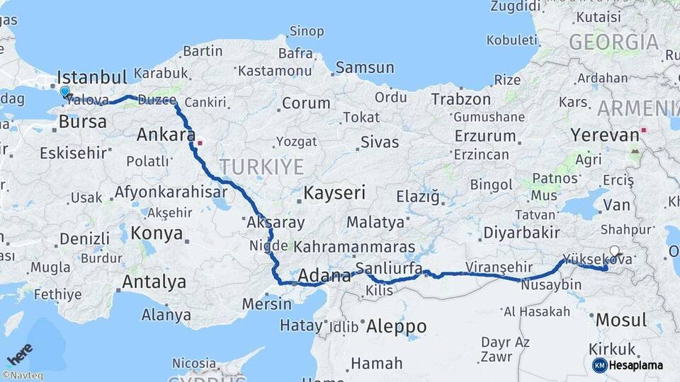 İstanbul Tuzla Hakkari Arası Kaç Km - Yol Haritası