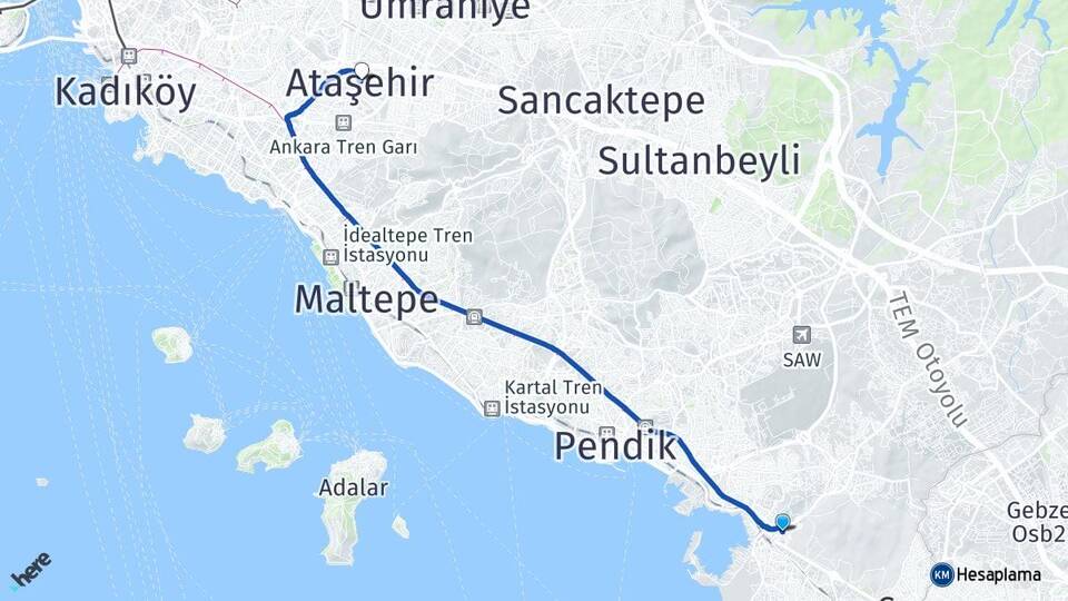 İstanbul Tuzla İçmeler Ataşehir Arası Kaç Km - Yol Haritası