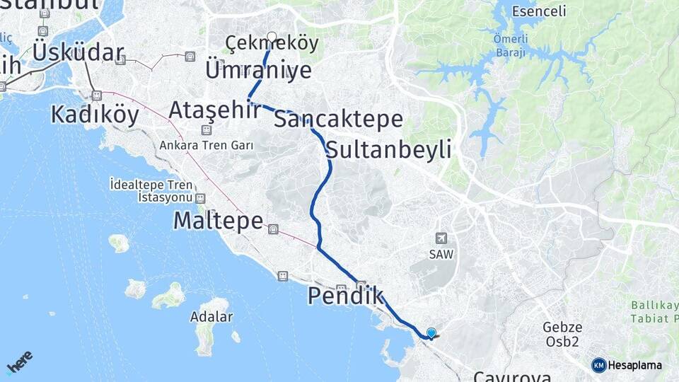 İstanbul Tuzla İçmeler Çekmeköy Arası Kaç Km - Yol Haritası