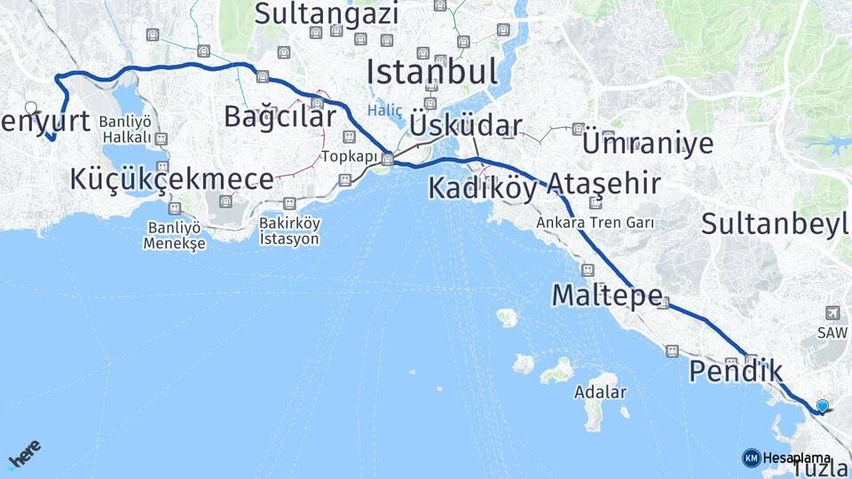 İstanbul Tuzla İçmeler Esenyurt Arası Kaç Km - Yol Haritası
