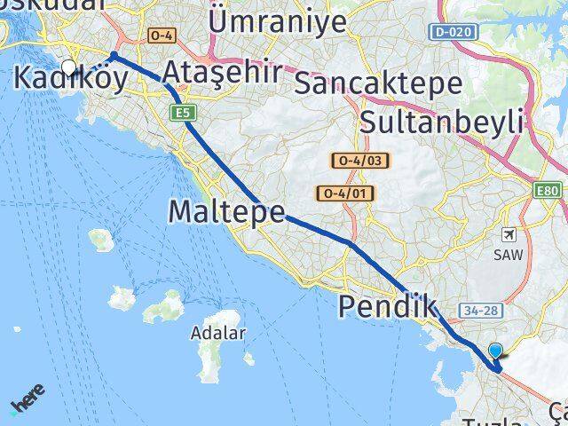 İstanbul Tuzla İçmeler Kadıköy Arası Kaç Km - Yol Haritası