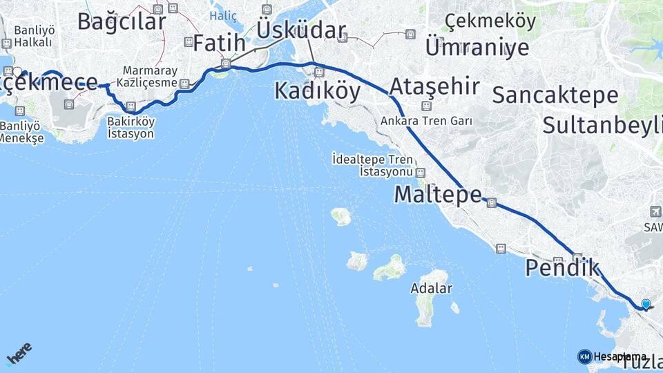 İstanbul Tuzla İçmeler Küçükçekmece Arası Kaç Km - Yol Haritası
