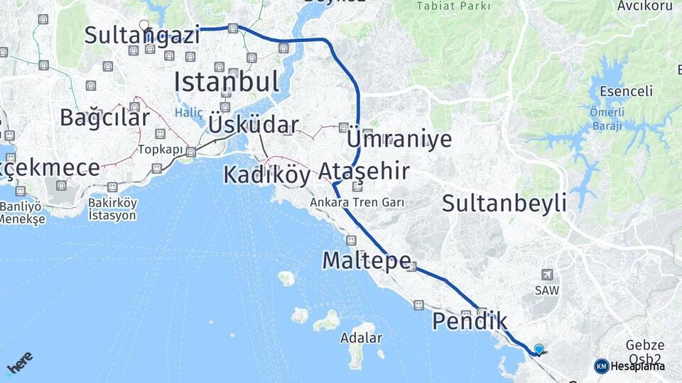 İstanbul Tuzla İçmeler Sultangazi Arası Kaç Km - Yol Haritası