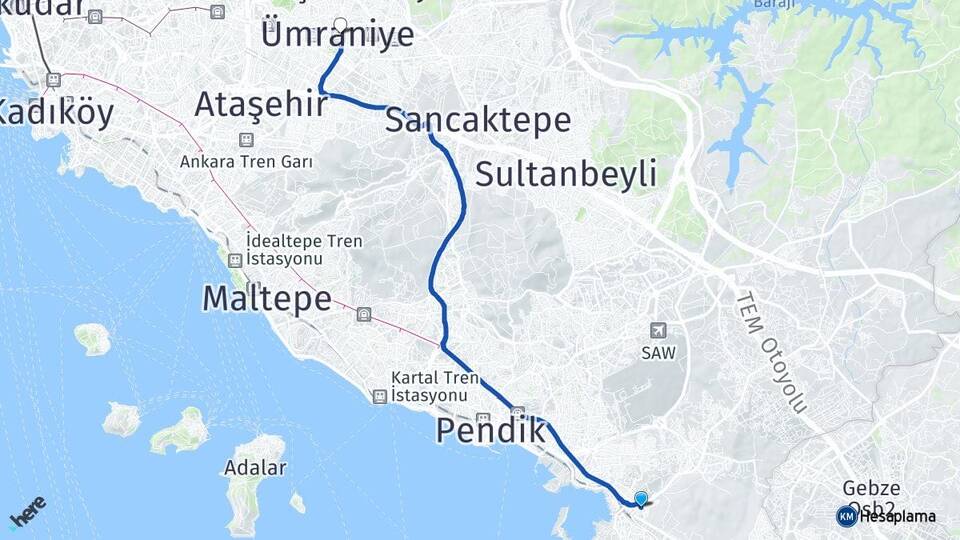 İstanbul Tuzla İçmeler Ümraniye Arası Kaç Km - Yol Haritası