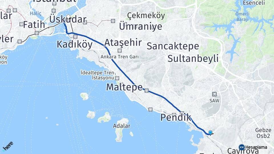 İstanbul Tuzla İçmeler Üsküdar Arası Kaç Km - Yol Haritası