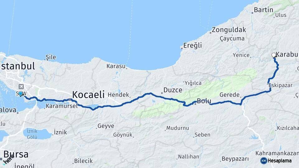 İstanbul Tuzla Karabük Arası Kaç Km - Yol Haritası