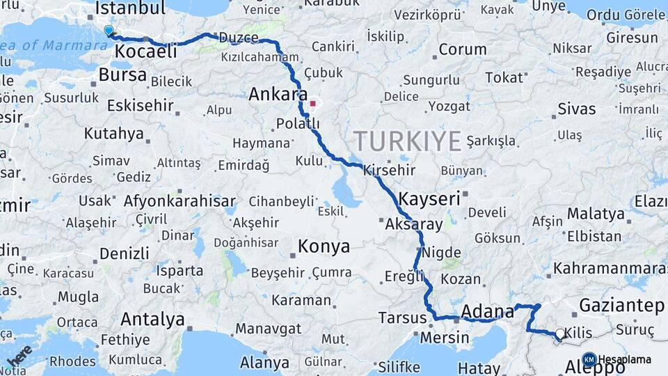 İstanbul Tuzla Kilis Arası Kaç Km - Yol Haritası