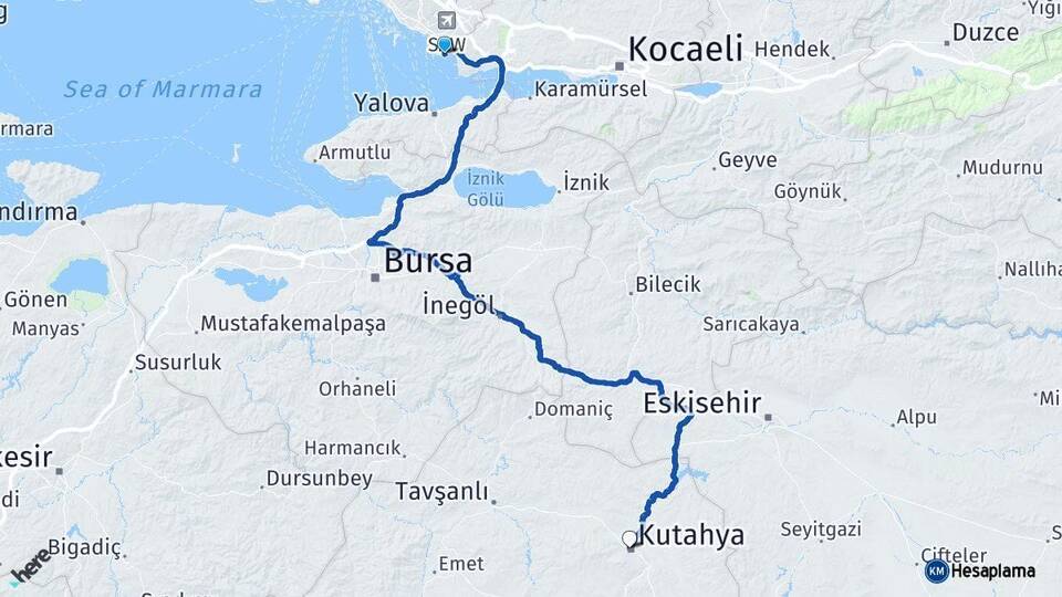 İstanbul Tuzla Kütahya Arası Kaç Km - Yol Haritası