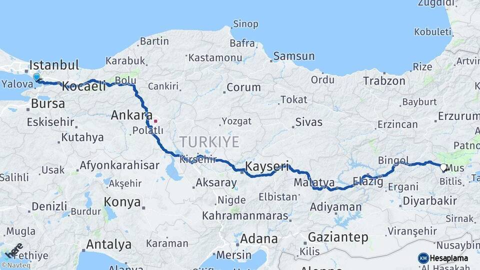 İstanbul Tuzla Muş Arası Kaç Km - Yol Haritası