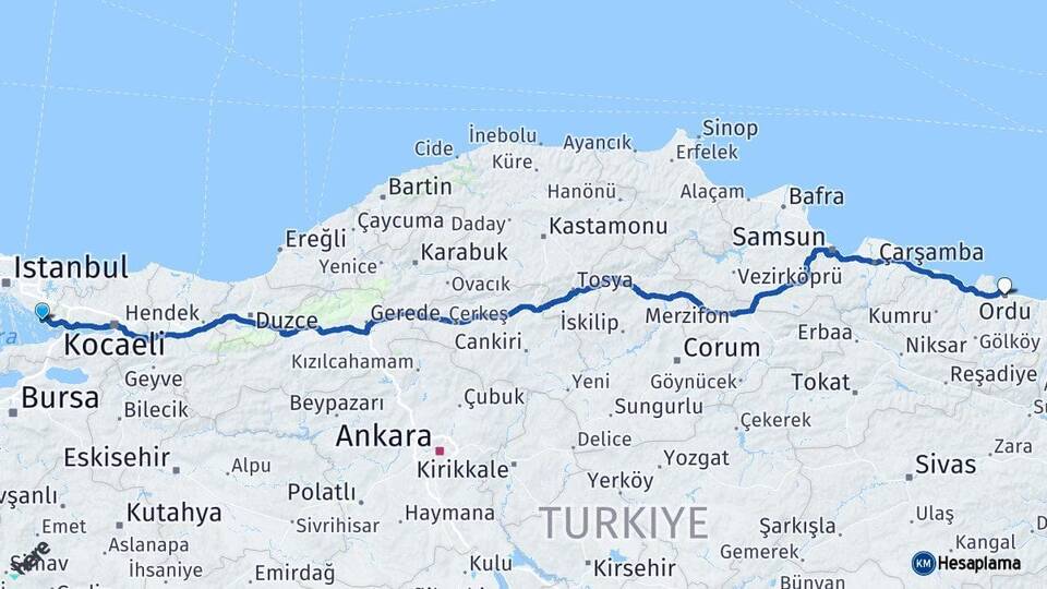 İstanbul Tuzla Ordu Arası Kaç Km - Yol Haritası