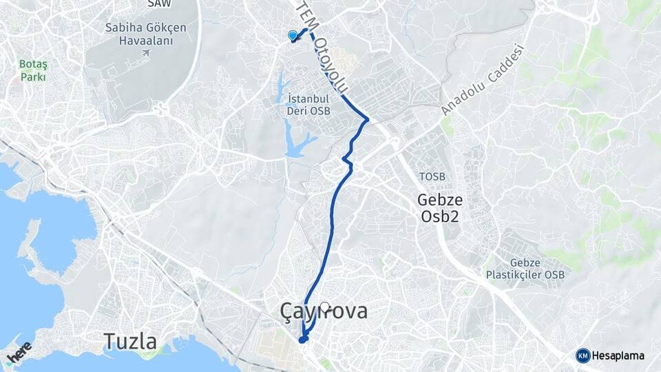 İstanbul Tuzla Orhanlı Çayırova Kocaeli Arası Kaç Km - Yol Haritası