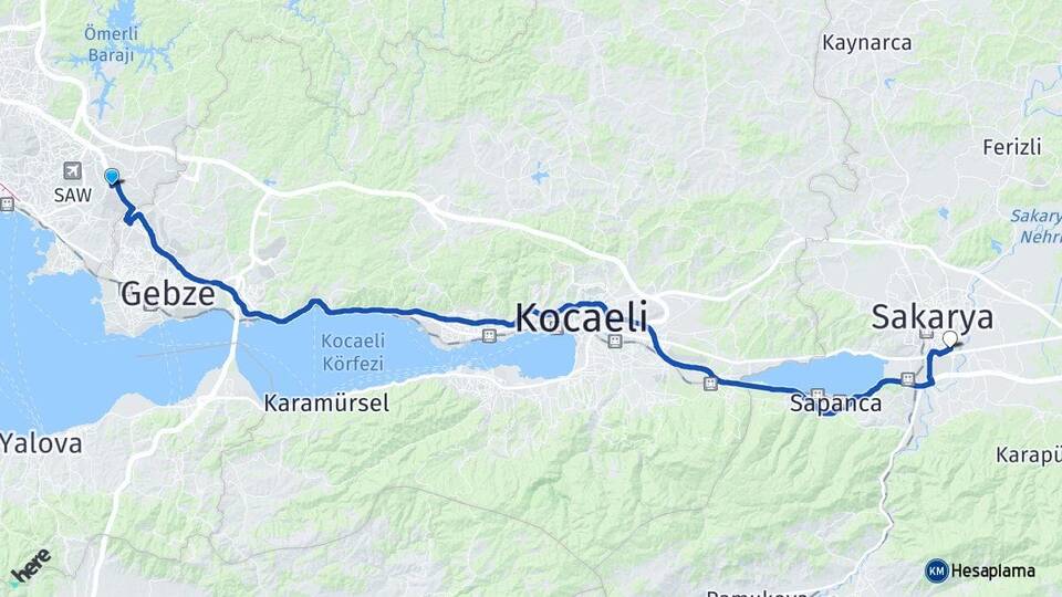İstanbul Tuzla Orhanlı Erenler Sakarya Arası Kaç Km - Yol Haritası
