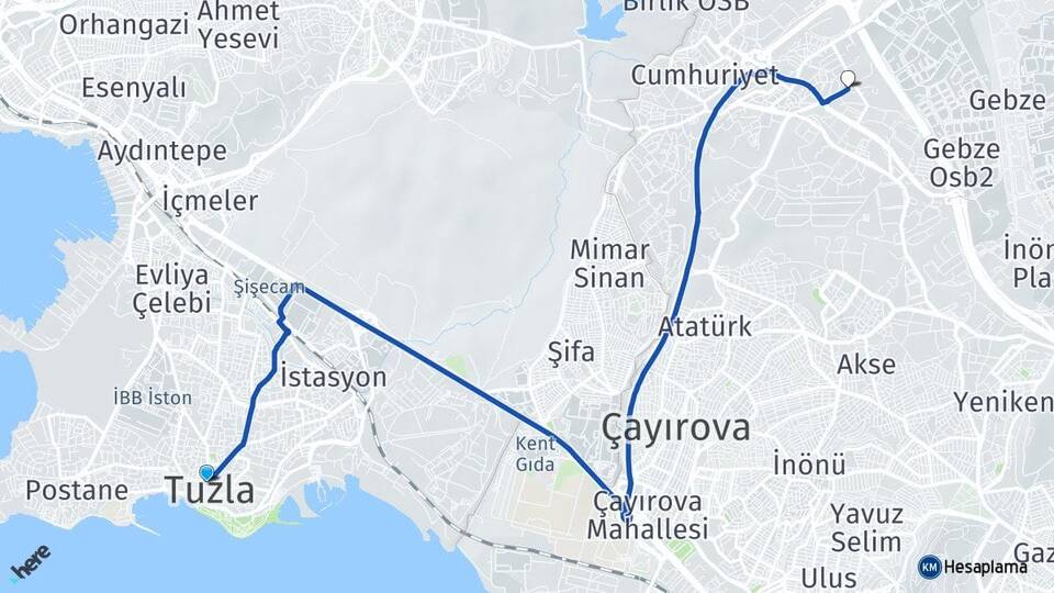 İstanbul Tuzla Şekerpınar Çayırova Kocaeli Arası Kaç Km - Yol Haritası