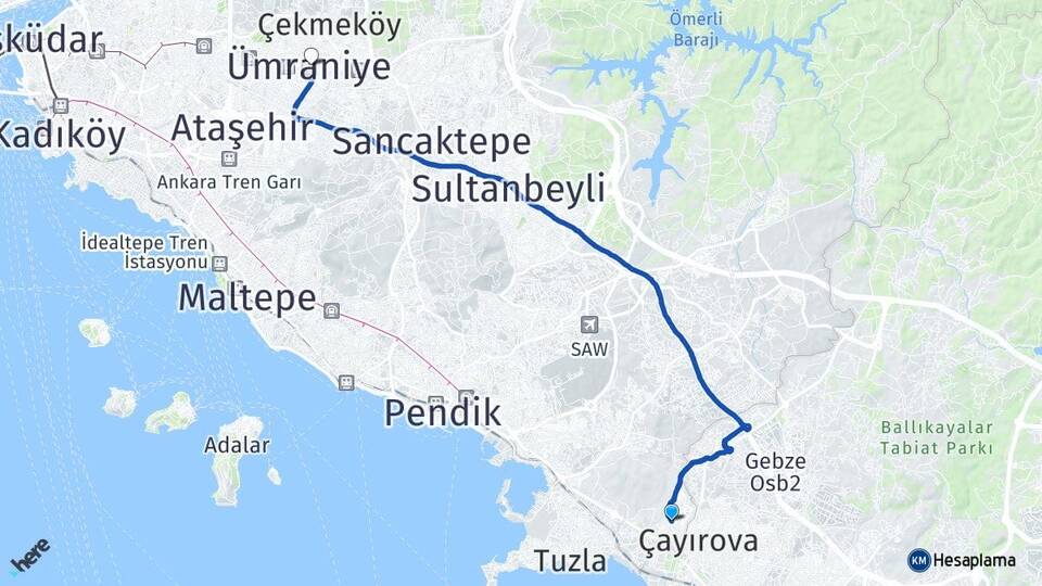 İstanbul Tuzla Şifa Ümraniye Arası Kaç Km - Yol Haritası