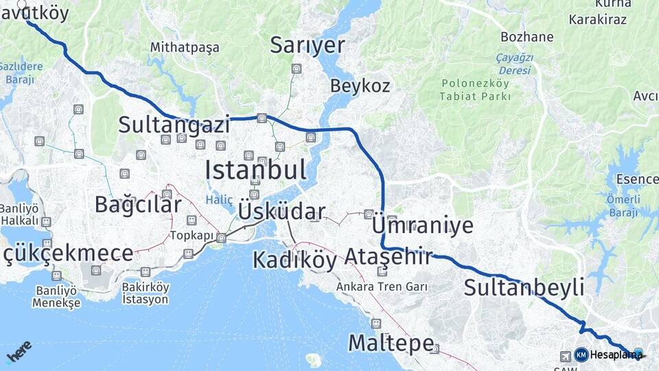 İstanbul Tuzla Tepeören Arnavutköy Arası Kaç Km - Yol Haritası