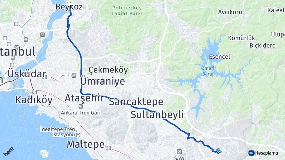 İstanbul Tuzla Tepeören Beykoz Arası Kaç Km - Yol Haritası
