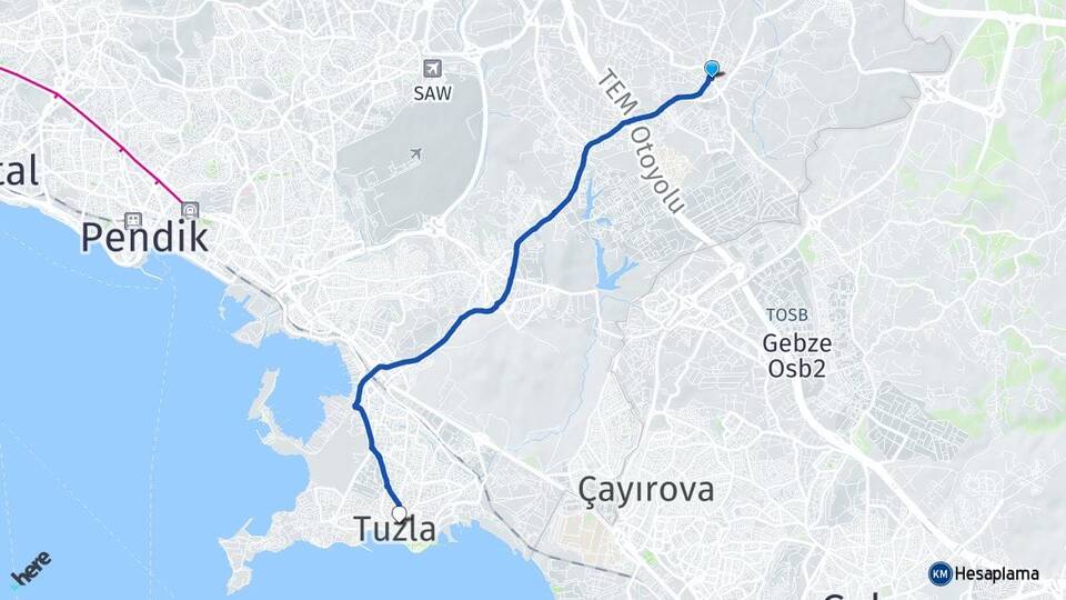 İstanbul Tuzla Tepeören Tuzla Arası Kaç Km - Yol Haritası