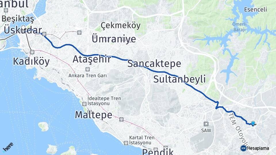 İstanbul Tuzla Tepeören Üsküdar Arası Kaç Km - Yol Haritası